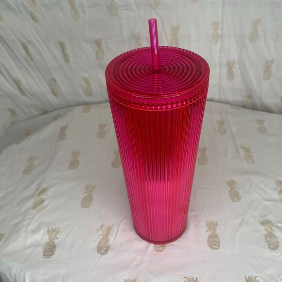 Starbucks Summer 2023 Pleated Neon Magenta Pink 24 oz cold cup tumbler NEW STRAW - Picture 2 of 5